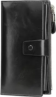 [LETSIQS] Women's RFID Blocking Large Capacity Luxury Wax Genuine Leather Cluth Wallet Card Holder Ladies Purse (Black RFID Blocking)