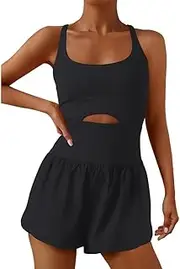 [KOEMCY] Jumpsuit Women's Elegant Short Tight Sleeveless Backless Yoga Bodysuit Sexy Stretch Full Body Suit One-Piece Romper for Fitness Workout Sports