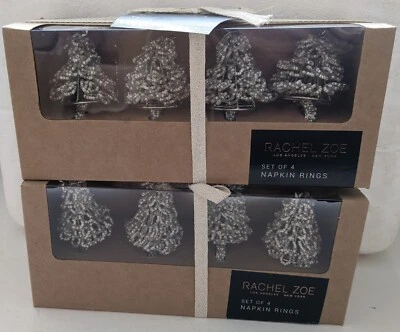 Rachel Zoe 8 Tree Napkin Rings White Silver Beads Christmas Holiday Winter Metal