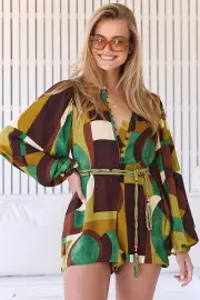 JAASE - Mahlia Playsuit: Mandarin Collar Long Sleeves Playsuit in Bardot Print