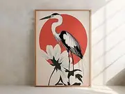Heron Bird Japandi Style Print Red Circle Flower Image Elegant Gallery Wall Art Vintage Japanese Style Artwork
