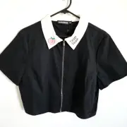 Dangerfield Crop Top Womens Size 12 Black Team Peach Trim Retro BNWT $68 Cute