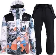 [7HAHA3] Men's Ski Suit Waterproof Hooded Snow Mountain Print Raincoat Fashion Snowboard Top & Pants Thick Snowsuit