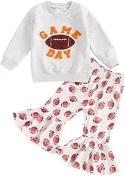 [Endorothii] Toddler Baby Girl Football Game Day Outfit Letter Embroidery Sweatshirt Bell Bottom Flare Pants Set Fall Clothes