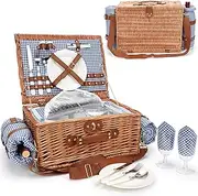 Picnic Baskets for 2, Picnic Basket with Waterproof Blanket, Picnic Basket Set with Washable Beach Mat & Large Insulated Cooler Compartment, Handmade Natural Wicker Hamper for Camping, Outdoor Party