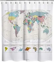 New! Extra Long Map of The World with Detailed Major Cities. PVC Free, Non-Toxic and Odorless Water Repellent Fabric Shower Curtain. Large Home Decor. Wall Map.