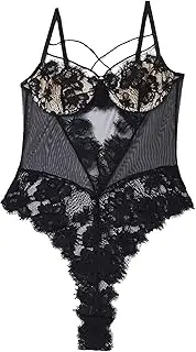 [Generic] Women Hollow Out Floral Bodysuit One Piece Lace Cutout Strappy Underwire Lace Up V Neck Underwear Lingerie