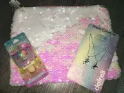 Claire’s Reverse Sequin Cosmetic Bag Lipgloss Keychain Bff Unicorn Necklace Lot
