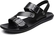 [Battle Men] Men's Cut Out Sandal Casual Dual Use Beach Slipper Genuine Leather Open Toe Double Monk Strap Buckle Thick Sole Rivet Solid Color Anti-Slip