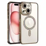 For Apple iPhone 15 Plus Case, MagSafe Magnetic Diamond Rhinestone Glitter Cute Crystal Bling Full Camera Lens Protector Shockproof Cover – Gold