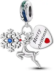 [The Charmery] Merry Christmas, Deer, Snowflake Charm 925 Sterling Silver Pendant Charm Compatible with Pandora Charms,and Many Other UK Charm Bracelets, One Size, Metal, No Gemstone