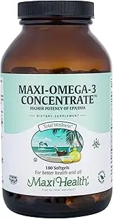 Maxi Health Omega-3 Fatty Acids Concentrate - Fish Oil - 2000mg - 180 + 10 Gel Capsules - Kosher