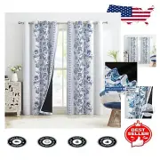 95" Navy/Greyish White Blackout Curtains - Elegant Floral Thermal Insulation