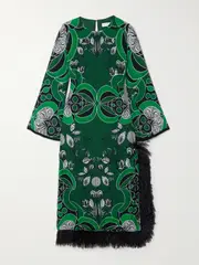 [Borgo de Nor] Borgo de Nor - Seraphina Crystal-embellished Feather-trimmed Printed Crepe De Chine Midi Dress - Green - UK 8 UK 8 Green