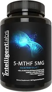 5MG L-5-MTHF by Intelligent Labs, L-5-Methyltetrahydrofolate Activated Folic Acid Supplement as Quatrefolic Acid® - Activated Folate, 60 Capsules - 2 Months Supply! 5mg = 5000mcg MTHF!