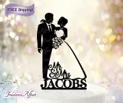 Silhouette Wedding Cake Topper, Groom w/Bride in Princess dress, w/Name [TLA6]
