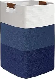 SHENMAIDAY Laundry basket, large laundry basket, decorative cotton rope woven basket, cotton woven storage basket with leather handles for living room, bedroom, blankets, clothes (White blue)