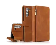 For Samsung Galaxy S21 Plus Case, Leather Zipper Purse Flip Cover Case with Card Slot Holder Wrist Strap Lanyard (Brown)