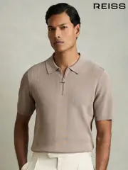 Reiss Taupe Brown Bart Half-Zip Textured-Knit Polo Shirt (AN2404) | $225