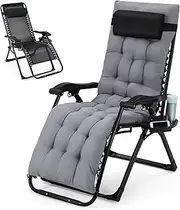 dainslef Zero Lounge Chair Supports 440 Lbs, Indoor/Outdoor Adjustable Folding Recliner with 29 Inch Seat, Removable Cup Holder & Headrest Grey