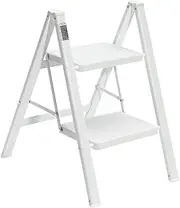 BOCOM 2 Step Ladder, Lightweight Portable Foldable Collapsible Folding Sturdy Iron Metal Step Stool with Anti-Slip Wide Pedal, Heavy Duty 330 lbs Capacity, for Home, Kitchen, Closet, Adults, White