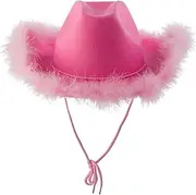 [Generic] Party Adults Pink Hat with Feather Fluffy Feather Brim Adult Size Cowboy Hat with Feathers for Costume Party Play Dress Up Outfits for Women Crocheted