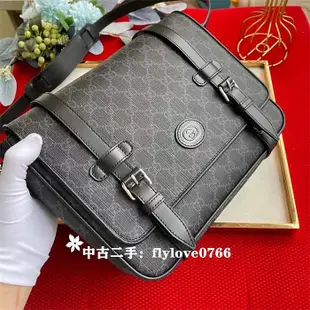 中古二手GUCCI 古馳 黑色老花雙Glogo郵差包/肩背包/斜跨包 510335