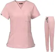 [Meichoon] Medical Uniforms V-Neck Stretch Scrubs Top Short Sleeve with 3 Pockets Stretch Yoga Jogger Pants Slim Fit Elastic Waistband DK09