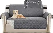 Waterproof Sofa Protectors 2 Seater from Pets/Dogs Couch Covers Love Seat Cover Non-Slip Furniture Covers for Sofa with Strap, Soft Thick Quilted (Checked Pattern, Reversible Grey/Beige)