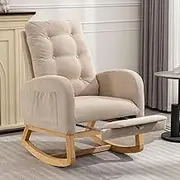 Rocking Chair with Foot Rest, Nursery Glider Teddy Gliding Rocking Chair with Retractable Footrest Rubber Wood Legs Side Pocket High Back & Wide Seat Nursing Chair for Living Room (Beige)