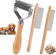 Dog Cat Brush for Dematting and Deshedding, 3 Pack Pet Grooming Kit of Undercoat Rake, Shedding Brush and Combs for Cats Dogs, with Premium Wood Handle