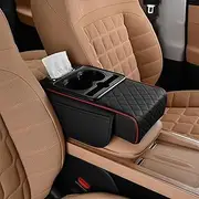 Car Armrest Box Storage Bag, Cushion Organizer Center Console, Car Center Console Cover with 2 Cup Holders and a Tissue Box (Black Red)