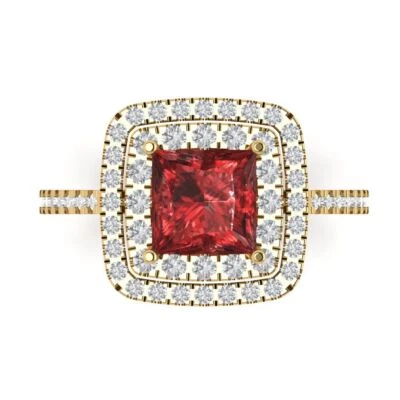 2.16Ct Princess Cut Natural Garnet Gold Halo Engagement Promise Bridal Ring