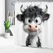 SCECALA Funny Cute Cow Shower Curtain Black and White Cow Animal Wearing Glasses Fabric Shower Curtain Simple Bathroom Curtain Decor with Hooks Easy Care Polyester, 70x70 Inch