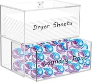 Dryer Sheet Holder with Drawer and Lid Acrylic Dryer Sheet Container 2-Tier Laundry Pod Container with 4 Label Decals Clear Dryer Sheet Laundry Pods Container Box for Dryer Balls Clothes Pins
