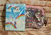 Brand New Rainbow Reversible Unicorn Sequin Notebook And Sequin Makeup Bag Set