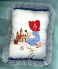 BARBIE DOLL BED PILLOW - DUTCH GIRL AT BEACH ROYAL BLUE BACK - LARGE 6" x 7 1/2'