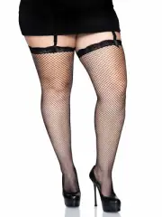 Plus Size Fishnet Thigh High Stockings With Lace Top