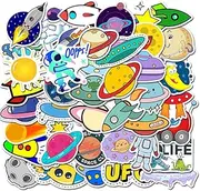 50 Pcs Water Bottle Stickers, Space Planet Ship Rocket UFO Design Trendy Sticker for Laptop Hydroflasks Notebook Phone Computer Guitar Skateboard Luggage Waterproof Vinyl Decal for Kids, Teen, Girl