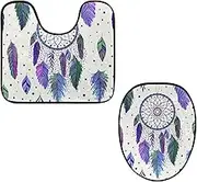 Toilet Lid Cover and U-Shaped Toilet Floor Mat Set of 2 Pieces, Dreamcatchers Feathers Boho Ethnic Style Toilet Mat Set, Machine Washable Seat Covers Non-Slip Absorbent Rugs