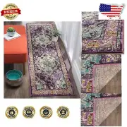 Stylish Runner Rug 2'2" x 14' - Violet & Light Blue Boho Design for High Traffic