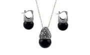 Solid 925 Sterling Silver Genuine Marcasite Black Pearl Earring & Necklace Set