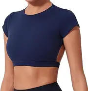[Nuytghr] Short Sleeve Crop, Open Back Tee, Crop Top Women, Fitted Tee Shirt, Fitness T-Shirt, Yoga Top, Workout Crop Tee, Shockproof