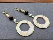 Vintage Striped Hollow Circle Shell Earrings Long Pierced Gemstone NOS RO-DO
