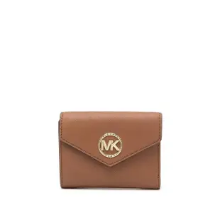 【Michael Kors】專櫃經典款金字防刮皮革MK金屬LOGO 三折短夾/手拿包 咖啡色(短夾 皮夾 手拿包)