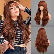 Long Wavy Red Brown Wig Copper Ginger Long Hair Micro Volume Wigs with Natural Wave with Fringe, Natural Looking Synthetic Wig for Daily/Party/Role Play 66 cm