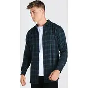 Mens Green Long Sleeve Longline check Check Shirt