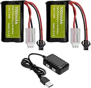 2PCS 7.4V 1000mAh 2S Li-ion Battery with SM-2P Plug and 2in1 Charger Suitable for WPL MN D90/91, 99/99s D12 RC Car, H101 Remote Control Boat and Anstoi Gel Ball Impact Gun Battery