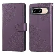For Google Pixel 8 Case Rose Flower PU Leather Wallet Phone Cover with 3 Card Slots Multicolor Dark Purple