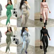 LADIES TOP LEGGINGS SET CO ORD LOUNGEWEAR WOMEN OVERLOCK STITCH RIBBED TRACKSUIT